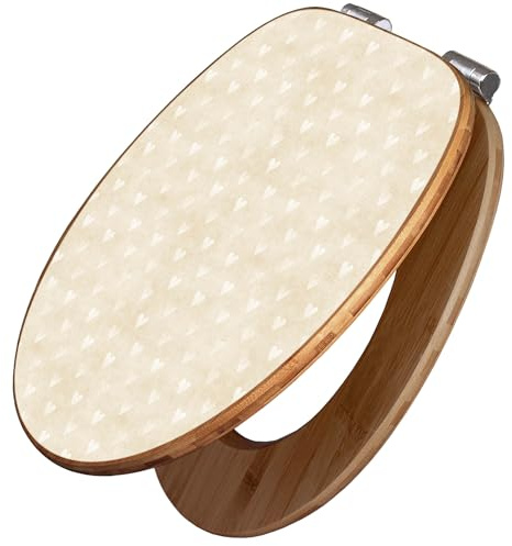banjado Design WC Sitz Bambus Absenkautomatik 45,8x37,5cm - Toilettendeckel mit Absenkautomatik Holz - hochwertiger Bambus Klodeckel - WC-Sitz für gängigen Toiletten - Motiv Beige Herzen