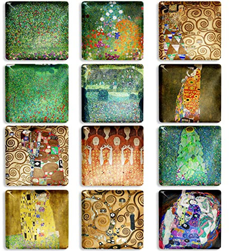 Berkin Arts 12 Stück Niedliche Quadratische Kristallglas Starke Magnetische Kühlschrankmagneten Kühlschrankaufkleber Cloisonnismus Vintage Baum des Lebens Der Kuss Gustav Klimt Serie