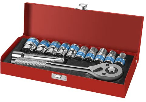 LONENESSL Metric 1/2'' Drive Socket Set, 12pcs Ratchet Wrench Tool Set, 10pcs 10-24mm Metric Driver with 5'' Extension Bar and 1/2'' Quick Release Ratchet Wrench(Iron Box)