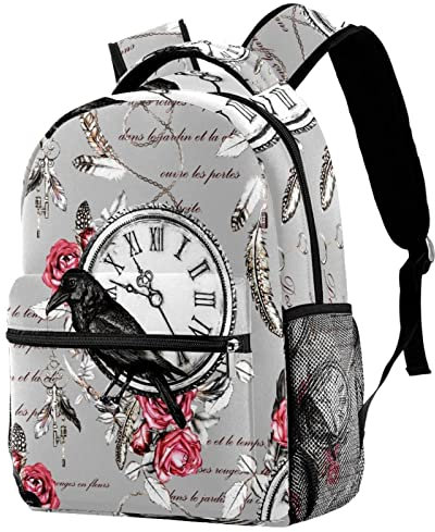 Sac à dos sac à dos sac d'école sac à dos de voyage décontracté pour femmes adolescentes garçons, Schwarze Krähen-Rosa-Rosen-Feder-Retro Uhr
