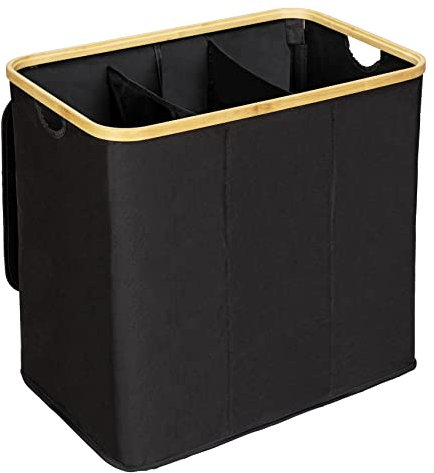 WENKO Wäschetruhe Trio Mod. Ecori, 3 Fächer (je 35 Liter), Rahmen aus FSC®-zertifiziertem Bambus, Wäschesack mit Deckel aus recyceltem Polyester, 57 x 50 x 37 cm, Natur/Schwarz