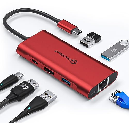 USB C Hub, UtechSmart 6 in 1 USB C zu HDMI Adapter mit 1000M Ethernet, Power Delivery Pd Typ C Ladeanschluss, 3 USB 3.0 Ports Adapter Kompatibel für MacBook Pro, Chromebook und USB C Geräte (Rot)
