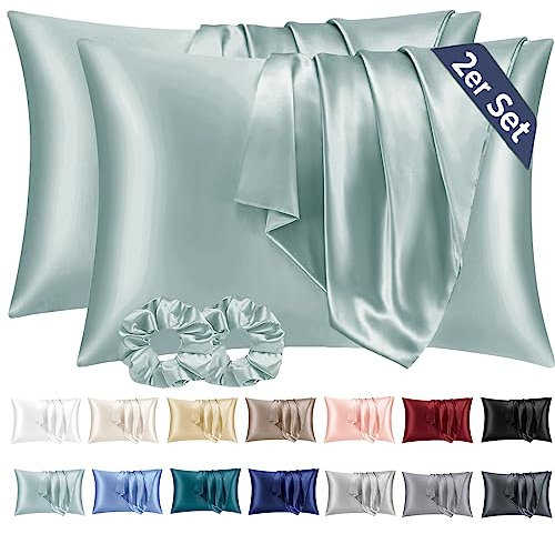 Vielit Taie Oreiller Satin 50x80 Lot de 2,pour Cheveux,Similaire Aux Taie d Oreiller en Soie,Housse de Coussin 50x80,Taies d'oreillers certifié Oeko-Tex Vert & 2 Satin Chouchous