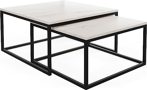 WFL GROUP Rechteckige Quadratische Satztische Couchtische mit Schwarz Gestell - Loft Style Couchtische Metallbeine - 2 in 1 - Zwei Industrielle Getrennte Tische für Wohnzimmer - Marmor Weiß