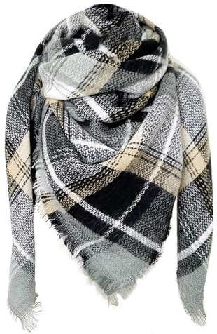 FIFTHAVE Schal Damen Herren Scarf Women Winterschal, Schal Kariert übergroßer Quadratisch Deckenschal Warmer Oversized Fransen Cape Poncho Herbstschal Grau 02