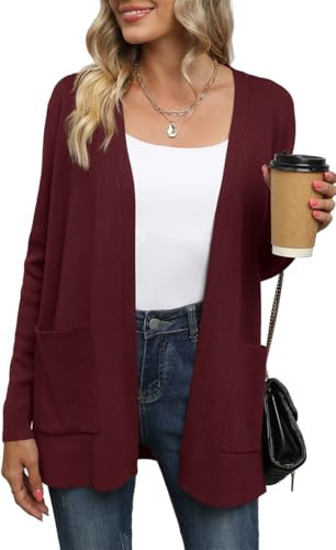 Yommay Strickjacke für Damen Elegante locker lässig leichtes Frauen Herbst Langarm Pullover mit Taschen,Weinrot,M