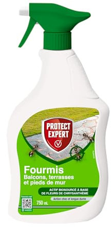 PROTECT EXPERT Spray Anti-Fourmis - Extérieur - 750ml - Action Choc & Longue Durée - A Base De Fleurs De Chrysanthème - Sans PBO - Prêt-à-l'emploi - FOURPAL750