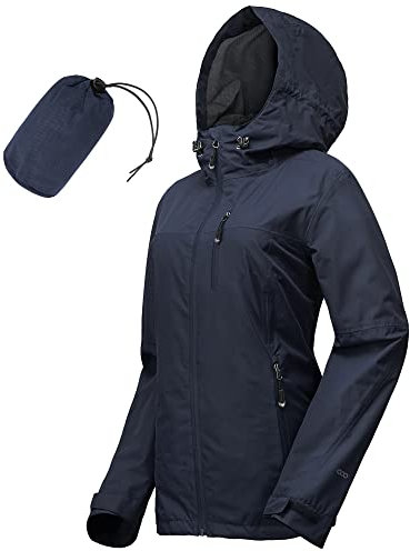 33,000ft Regenjacke Damen Wasserdicht Outdoorjacke Atmungsaktiv Herbst Übergangsjacke Leichte Jacke mit Kapuze Windbreaker zum Wandern Reisen Treking Fahrrad Navy blau 48