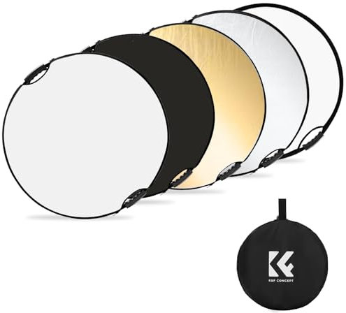 K&F Concept 5-in-1 Reflektor Fotografie-Kit(110 cm), Faltreflektor mit Aufbewahrungstasche& Handgriff, Durchscheinend, Silber, Gold, Weiß und Schwarz Runde Reflektoren für Fotografie