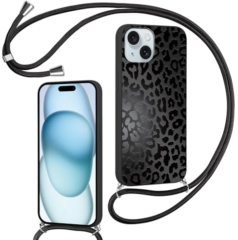 Foonary Coque pour Apple iPhone 15 Plus avec Cordon de Collier, Aesthetic Léopard Motif Étui Housse Réglable Lanyard Corde, Silicone TPU Antichoc Protection Case pour iPhone 15 Plus 6,7, Noir Chaîne