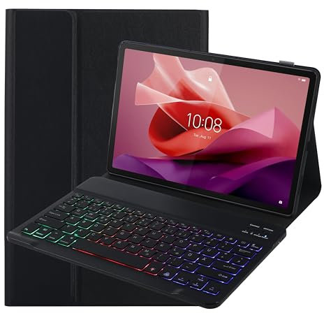 SUEEWE Tastatur Hülle für Lenovo Tab P12 12,7 2023 (TB370FU), TPU Rückseite Hülle mit 3 Bereich 7 Farbe Beleuchtete Abnehmbarer QWERTZ Tastatur, Schwarz
