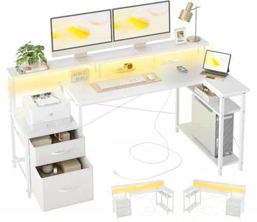 BEXEVUE L-förmiger Schreibtisch mit Steckdosen LED – 165x80cm Moderner Eckschreibtisch 2 Schubladen, Umkehrbare Ablagen, Großer Monitorständer, Corner Gaming Tisch, Studium Arbeit Zuhause Schlafzimmer