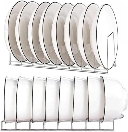WHAPELQ Paquete de 2 estantes de almacenamiento de platos, estante para platos, organizador de armarios de cocina, ollas y sartenes, escurridor de acero inoxidable, organizador de armario de cocina