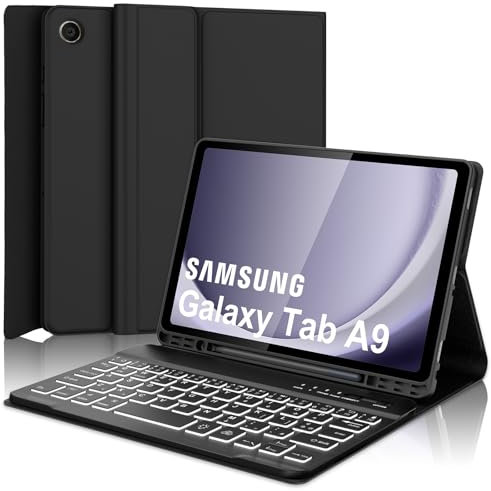 Occtingkind, Clavier pour Samsung Tab A9 8.7, coque avec clavier TabA9 2023, étui avec aimants rétroéclairés amovible Bluetooth Keyboard pour Samsung A9 8,7 pouces, italien, USB C, noir