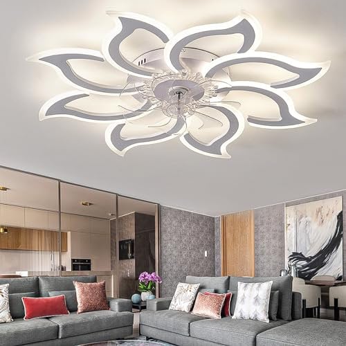 Caufloce Salón Ventilador De Techo Con Luz Reversible, Regulable Lamparas Ventilador De Techo APP, Moderno Lámpara Ventilador Timer 6 Velocidad Flor Para Dormitorio-white