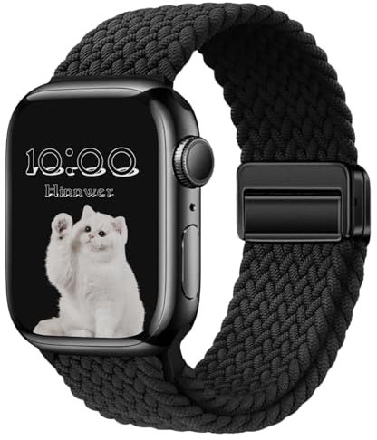 Hinnwer Geflochten Armband für Apple Watch Armband 46mm 42mm 44mm 45mm 49mm, Elastisch Nylon Stoff Band mit Magnetisch Verschluss für iWatch Ultra 2/1 SE 2/1 Series 10 9 8 7 6 5 4 3 2 1 Schwarz