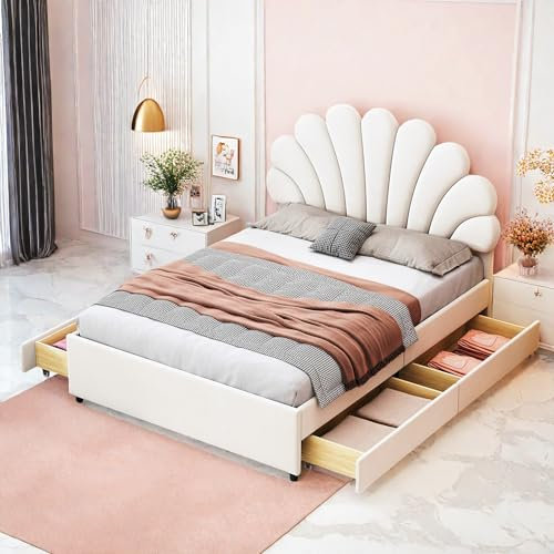 Sapgaks Lit Coffre 140x200 avec tête de lit Fleurie,lit 140x200 avec sommier à Lattes,lit 2 Personnes avec Rangement,Cadre de lit tiroir,lit Double,lit capitonné,lit Adulte,Tissu Velours,Beige