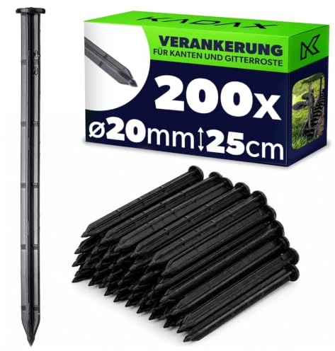 KADAX 200er Set Erdanker zur Montage, 25 cm, Bodenanker aus Kunststoff, Erdnägel, Verankerungen mit Noppen, Kunststoff-Erdanker für Umfassungen und Rasengitter (Schwarz, Rund)