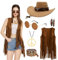 Ginkago Hippie Kostüm Set Cowgirl Western Outfit mit Fransenweste Hippie Ohrringe Brille Boho Armband Halskette Mode 60er 70er Jahre Bekleidung für Karneval Mottoparty
