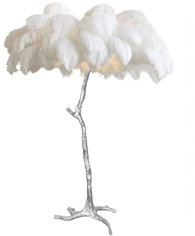 Romantic Girl Bedroom Lamp, Natural Ostrich Feather Floor Lamp Silver Resin Light Body Standing Light 3 Colors Dimmable Feather Lamps with Foot Switch, E14 LED Bulb,White,60x55cm/24x22in (desk lamp)
