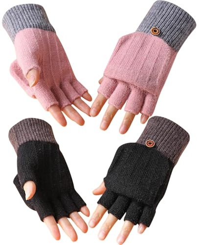 TYXHXTF 2 Paar Handschuhe Fingerlos Damen, Warm Winterhandschuhe mit Kappe Halbfinger Fäustlinge, Fingerhandschuhe für Damen und Herren, für Skifahren Radfahren
