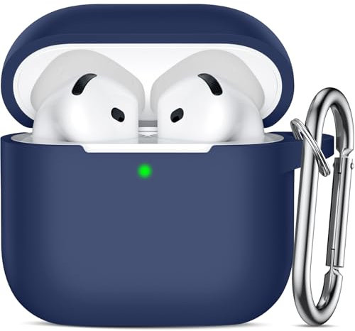 Ouwegaga Compatible for AirPods 4th Generation Case 2024- Full Body Protective Case, Shock-Resistant Silicone Case Cover Compatible with Apple AirPod 4 Case, Front LED Visible, With Carabiner,NavyBlue