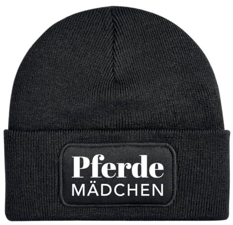 Pferde Beanie - Wollmütze mit Spruch: Pferdemädchen - Strickmütze lustig als Geschenk für Tochter, Freundin, Frau - Kappe, Mütze - Pferdegeschenke (DE/NL/SE/PL, Alphanumerisch, Einheitsgröße, Schwarz)