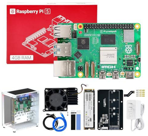 Yahboom Raspberry Pi5 Developer Kit 4GB + Mini Chassis+Pi 5 Case Active Cooling+PCIe M.2 SSD+256G SSD ROS2 System Ubuntu20.04 Suitable for AI Programming Python (4GB-Cube Pi Case Kit)