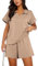 PINSPARK Sommer Zweiteiler Damen Kurzarm V-Ausschnitt Top Travel Outfits 2 Teiler Elegant Hausanzug Tracksuit Jogginghosen TrainingsanzüGe Mit Taschen Khaki XXL