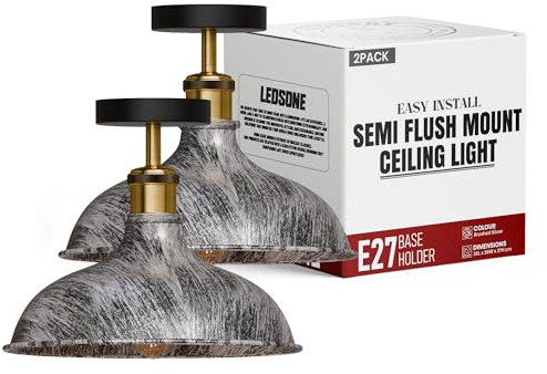 LEDSone Vintage Industrial Ceiling Lights with Metal Cage Semi-Flush Mount Lighting Fixture 36cm Chandelier for Farmhouse Kitchen Bathroom Hallway(Brushed Silver)- 2PK