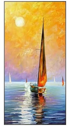 Segelboot, Sonnenaufgang, Sonnenuntergang, strukturiertes, handgefertigtes Gemälde auf Leinwand, blaue Meereswellen, Wandkunst, große Wand, Meereslandschaft, Raumdekoration, 40 x 80 cm, rahmenlos