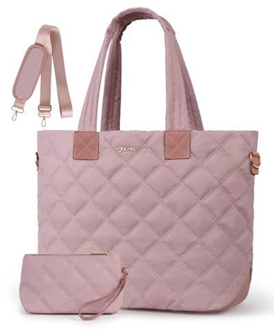 Prite Laptop Tote Bag for Women Large Puffer Quilted Shoulder Bag Handbag Lightweight Fluffy Teacher Nurse Bag with Shoulder Strap for Work, Travel, Gym, School