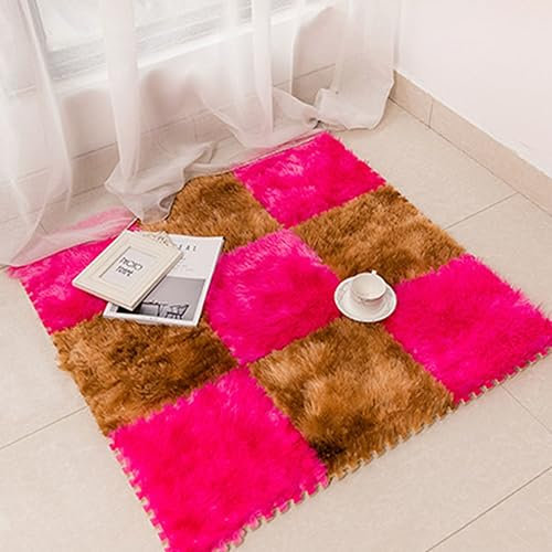 HCZKIUJY Splice-Ineinander greifender Teppich, 12-TLG., Plüschschaumstoff-Teppichmatte, Puzzle-Schaumstoff-Bodenmatte, Krabbelmatte fürs Schlafzimmer, rutschfeste ineinander greif,Rose Red+orange