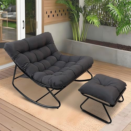HavenGlide Schaukelstuhl Schaukelsessel Extra Groß - mit Kissen und Hocker | Outdoor Schwingsessel aus Metall | Bequemer Relaxstuhl bis 150 kg Belastbar für Wohnzimmer Terrasse Balkon Garten-Grau