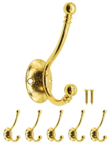 Fuxxer® Klassische Garderoben-Haken, Eisen-Haken, Wand-Haken, 90 mm, gold, Messing, 5er Set