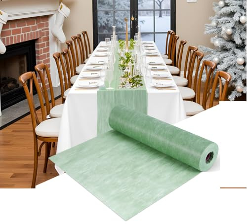 Lies Tischläufer, Vlies Tischläufer Eukalyptus Grün Ekoratives Tischband 30 cm X 25m Einweg Vlies Stoffähnlich Tischdecke Rolle für Hochzeiten Geburtstage Taufen Kommunion Party Deko