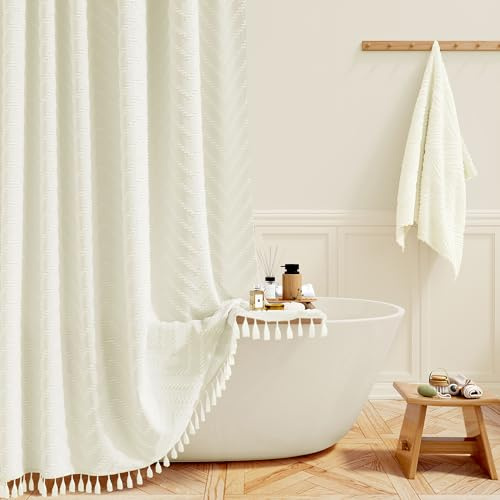 BTTN 182 x 182 cm Duschvorhang, Beige Boho Farmhouse Getufteter Chevron-Badvorhang mit Quasten, Bohemian Vintage Wasserdichter Deko Duschvorhang-Set mit 12 Haken, Creme