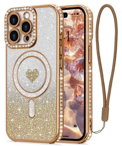 LAPOPNUT Magnetic Glitter Case for iPhone 13 Pro Max with Wrist Strap,Gold | Compatible with MagSafe, Sparkly Phone Cover for Girls Women, Sparkle Rhinestone Rasied Camera Protection,Bling Glittery Cute