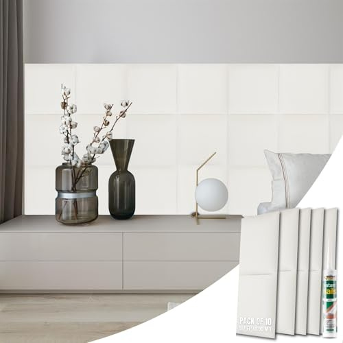 NOVECRAFTO Velvet Padded Wall Panels Set of 10 - Cream Upholstered Anti-Collision Panels with Adhesive - H11.8 x W11.8 (30x30cm) Cushioned Paneling for Beds, Kids Room, Hallways & Feature Walls