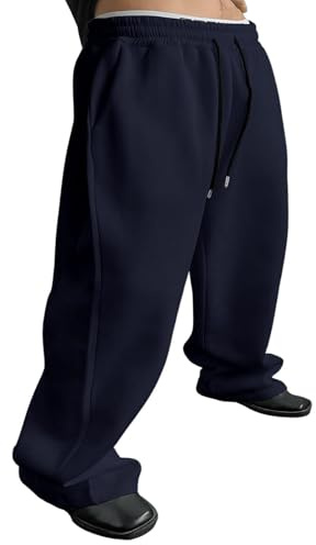 Mens Sweatpants Joggers Baggy Elasticated Waist Drawstring Trousers Wide Leg Jogging Bottoms for Outdoor Gym Solid Casual Trousers with Pockets Navy