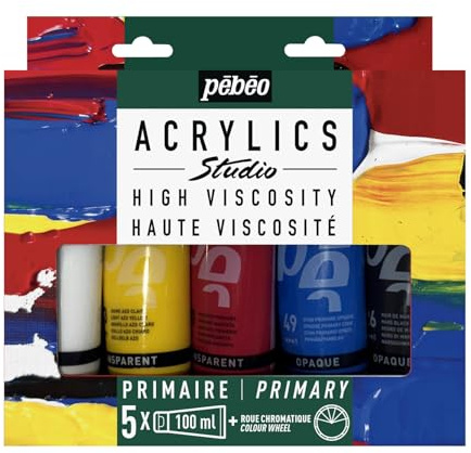 PEBEO Acrylic Paint Set, Titanium White, Primary Yellow, Primary Magenta, Primary Cyan, and Mars Black, 5 x 100 ML