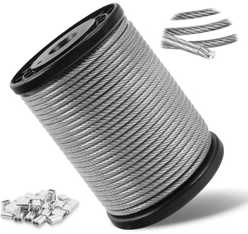 4mm Drahtseil Ummantelt, 30m Edelstahl Stahlseil mit transparenter PVC-Beschichtung und 30 Crimphülsen für Kletterpflanzen, Lichterkette, Gardinen, Zaun, Wäscheleine