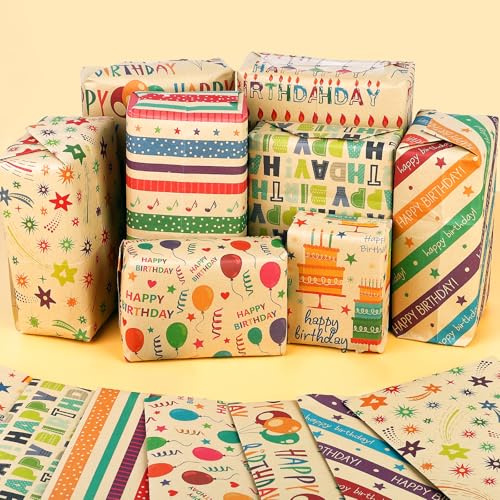 Geschenkpapier Geburtstag,8Pcs 70x50cm HAPPY Birthday Wrapping Kraft Paper | Bunte Geschenkverpackung Papier,Happy Birthday Geschenkpapier Gemischtes Muster für Kinder Männer Frauen