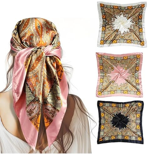 Sikweny 3 Stück Seidentuch 90 x 90cm Kopftuch Damen Sommer Bandana Damen Satin Tuch Quadratische Schals SeidentüCher Silk Scarf Quadratisch Satin-Kopftuch für Alltag