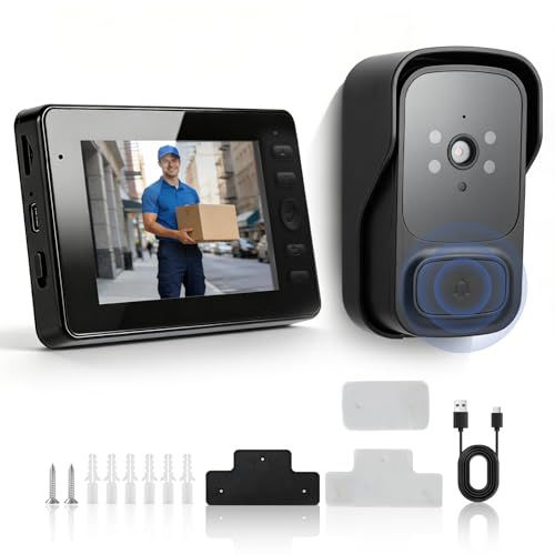 Sonnette de Porte sans Fil avec Caméra, Sonnette Vidéo avec Écran IPS 4,3 1080P HD, Vision Nocturne Infrarouge, Wi-Fi 2,4G, Audio Bidirectionnel, Angle Large de 120°, Prise en Charge Carte SD