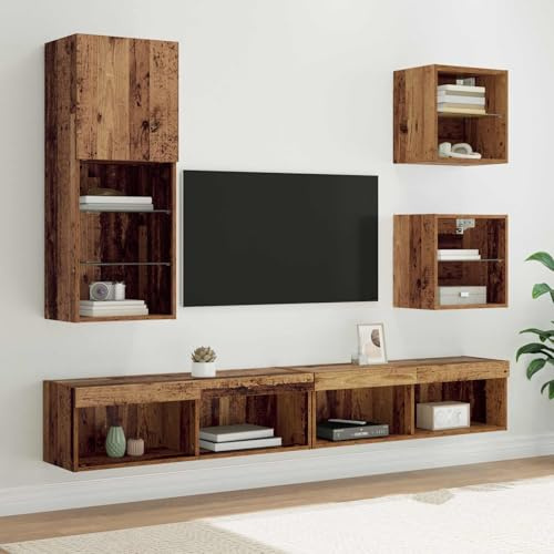 Owoxanthellate Sideboard 5-TLG Altholz 100x30x30 cm LED TV Wandregal Set Holzwerkstoff Glas mit Tür Wohnzimmer Schlafzimmer Flur