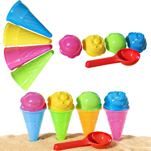 Ice Cream Beach Set - 9 Piece - Beach Toys - Ice cream Bath Toy - Sand Toys - Ice cream Mould Set with Cones Scoop and Tubs - Travel Toys
