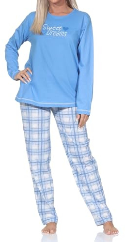 Normann Damen Schlafanzug mit Karierter Pyjama-Hose aus Single Jersey - auch in Übergröße