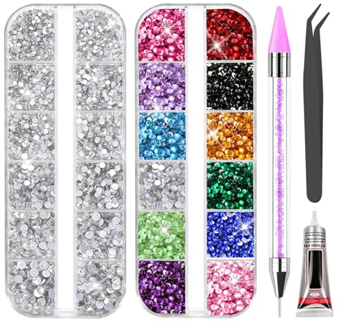 4000 PCS Sliver and Colorful Nail Gems, 4 Sizes Bedazzling Kit with Glue, Pen & Tweezers for Nail Art Face DIY Crafts Clothing Tumblers