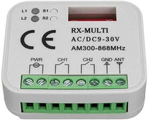 Universal Receptor Compatibile con Sommer 4796 V000, 4796 V001, 4796 V002, 4754 V000, 4757 V001 868.8 mhz receptor. 2 canales Rolling Code 300 – 868 mhz. Rolling/fixed Code 12 – 24 VAC/DC Receiver.